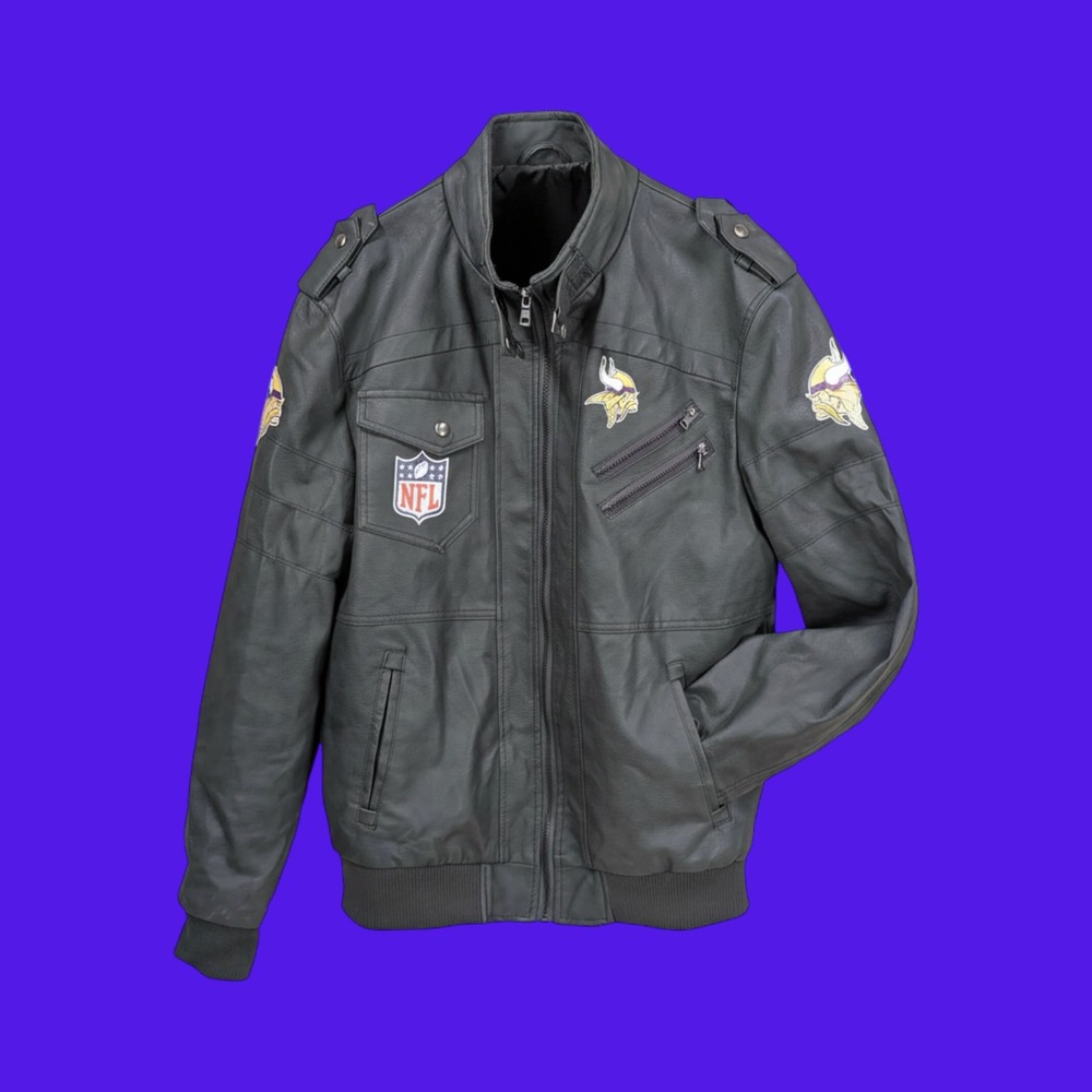 NFL Minnesota Vikings Faux Leather Bomber Jacket Gray Moto Full Zip Mens L